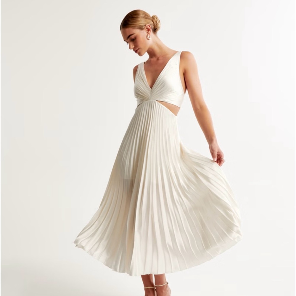 Abercrombie & Fitch satin pleated cutout dress, rehearsal dinner honeymoon New